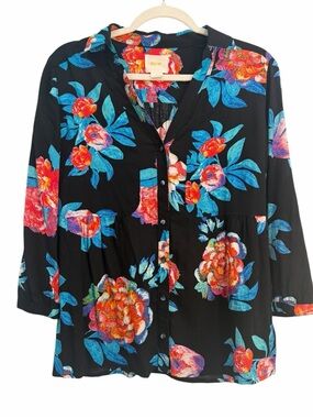 Anthropologie Maeve Woodland Walk Floral Rayon Button Front Blouse Size 10